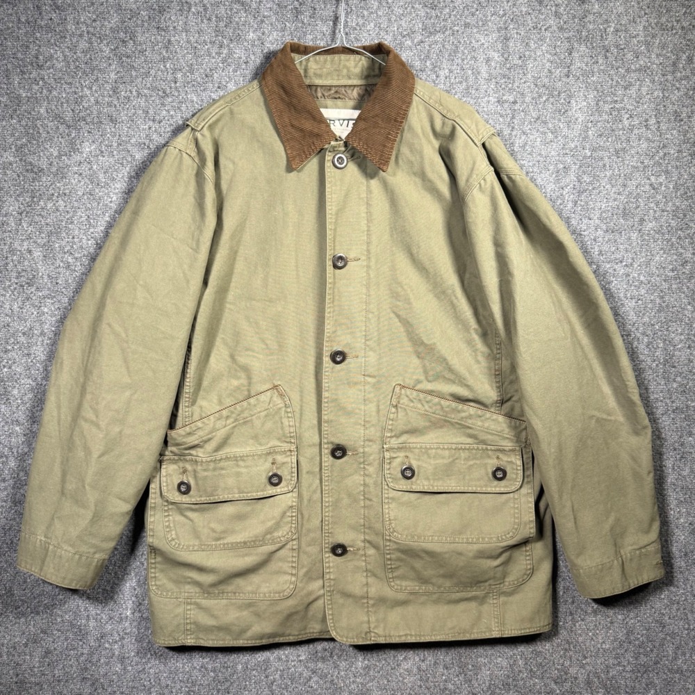 Orvis Barn Jacket Mens Large Olive Green Canvas Corduroy Collar Quilted Lining